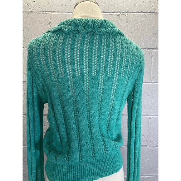 Vintage 1980s Teal Knit Cropped Sweater Lace Collar Cuffs Med Cottage Preppy - Picture 9 of 10